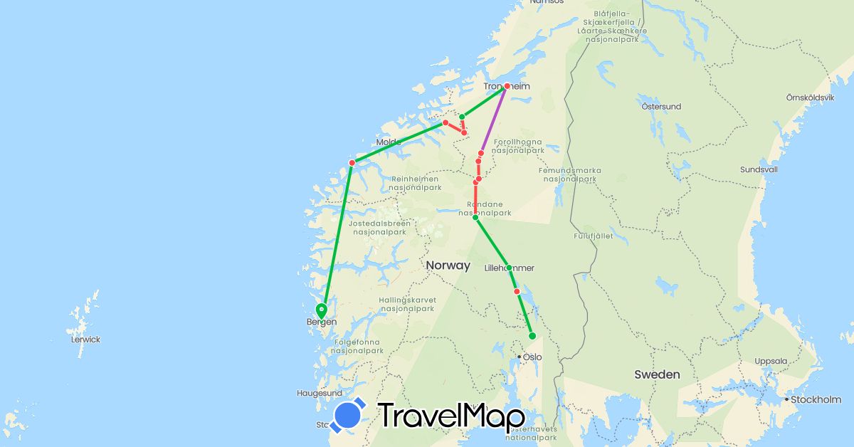 TravelMap itinerary: bus, plane, train, hiking in Norway (Europe)